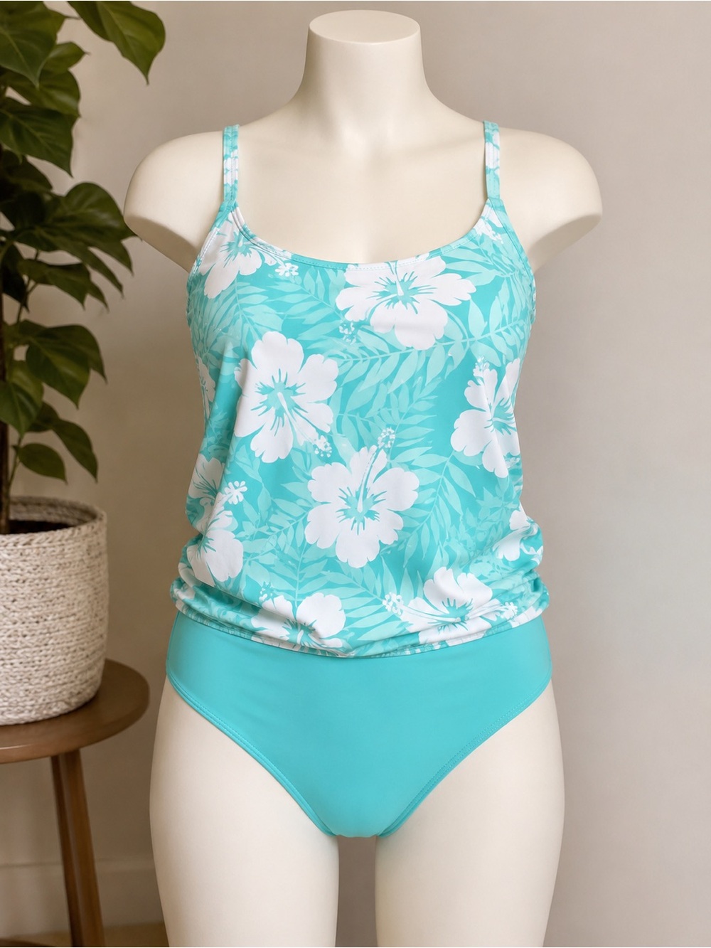 Aqua Floral Tankini Set - Turquoise & White - Picture 2 of 9